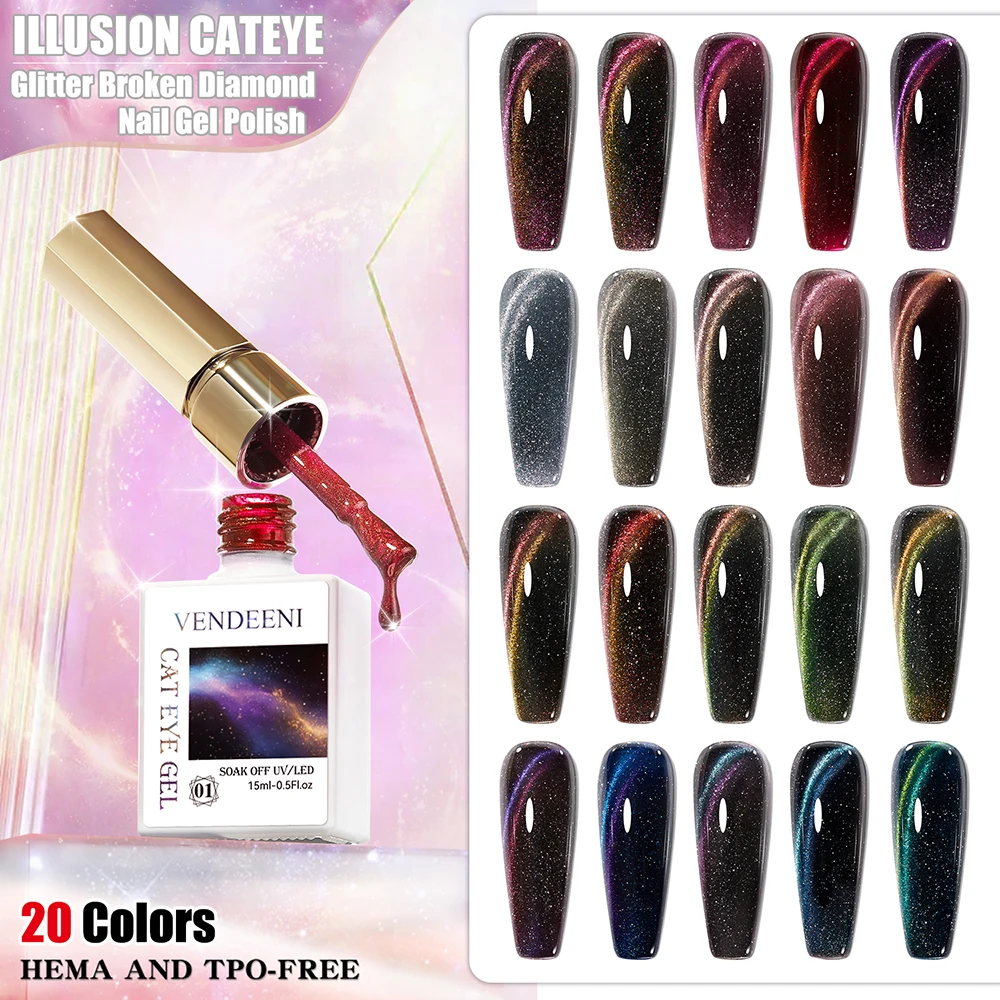 

Vendeeni 20 Colors/Set Glitter Broken Diamond Cat Eye Gel Nail Polish Blue Purple Galaxy UV Magnetic Gel Varnish With Display