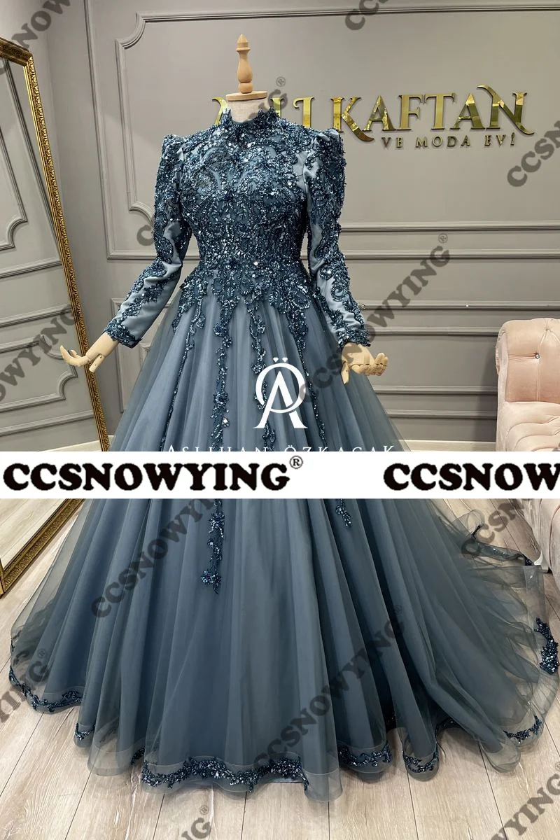 Luxus Tüll Applikationen Perlen muslimischen Hijab Abendkleider Arabisch Dubai Langarm High Neck formelle Party kleid Roben de Soirée