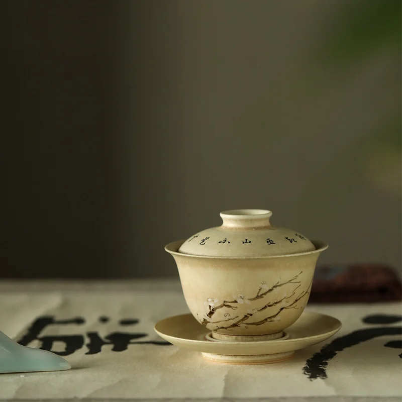 Pastel Fragrant Yellow Glaze White Plum Cover Teacup Jingdezhen Hand Drawn Kung Fu Teaware Ceramic Small Size Household Tea Brew