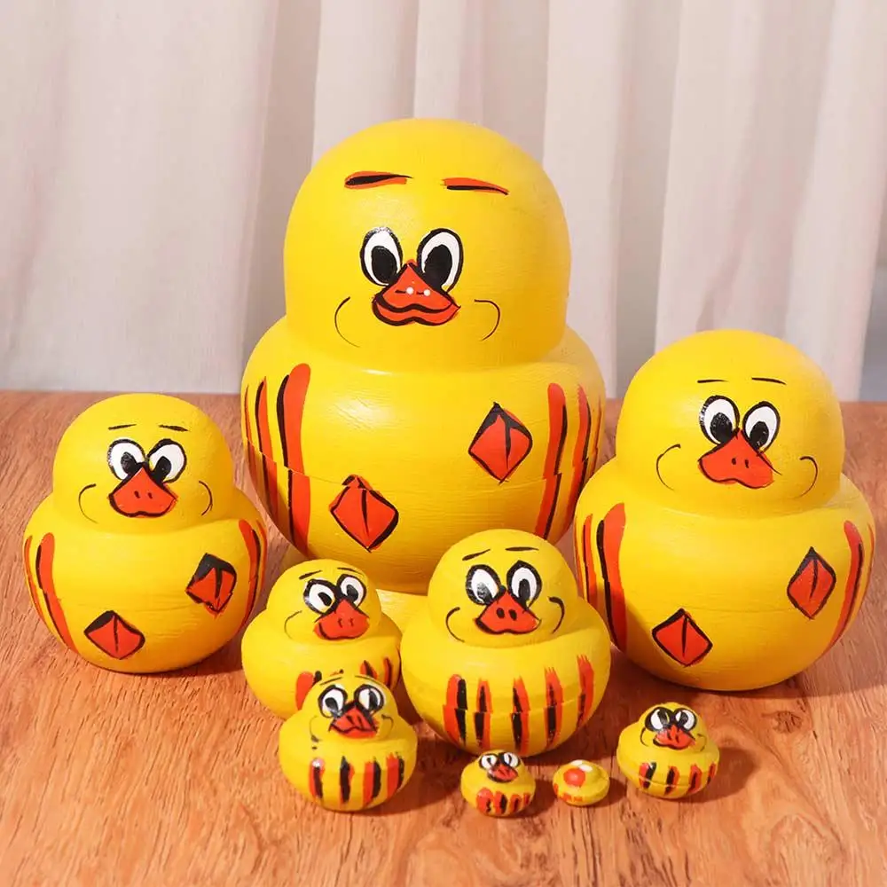 Decorations 10 Layer Nesting Wooden Yellow Duck Matryoshka Animals Pattern Handmade Stacking Chidrens Gift
