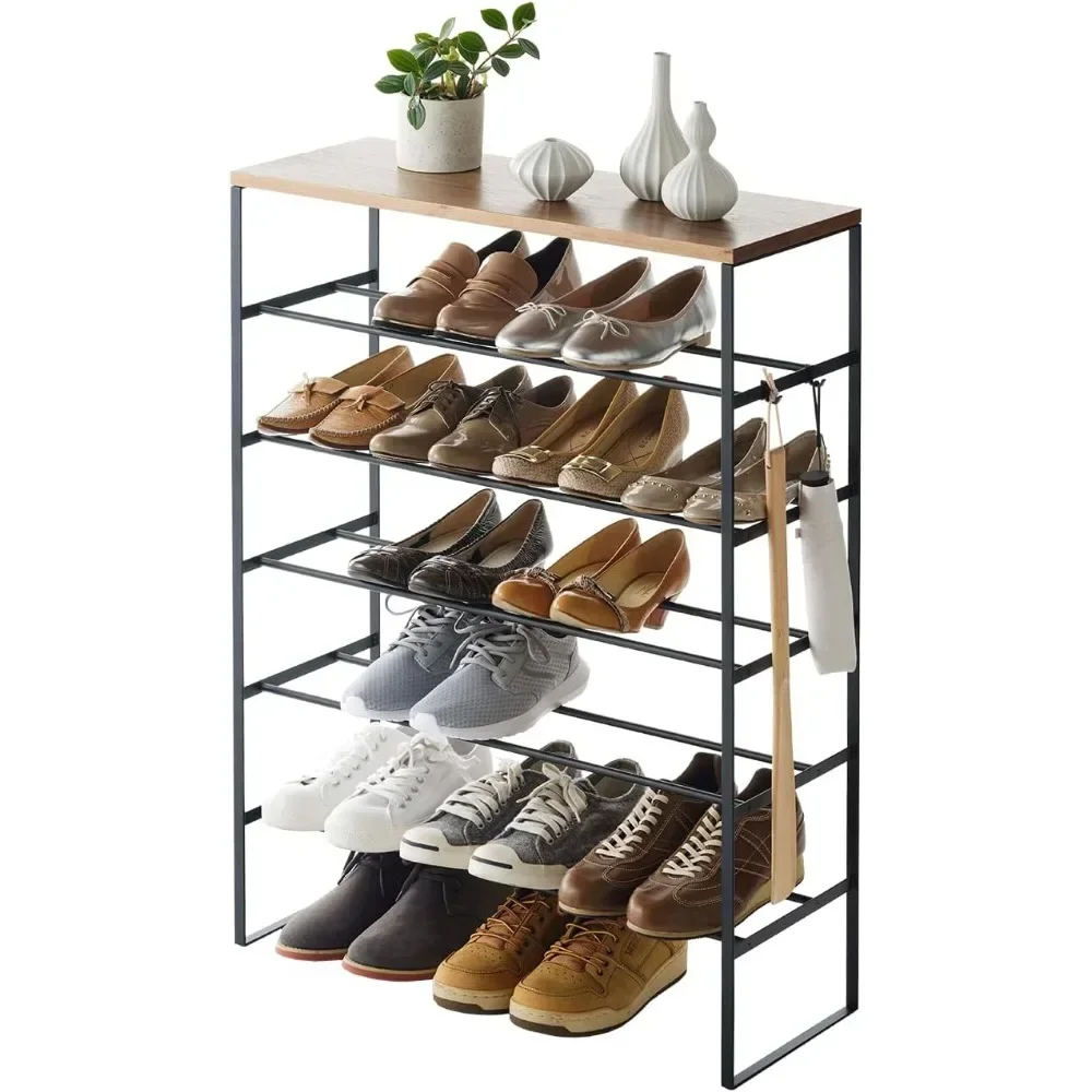 6 Tier Wood Top Shoe Rack Steel One Size Open Storage for Hallway Storage Cabinet