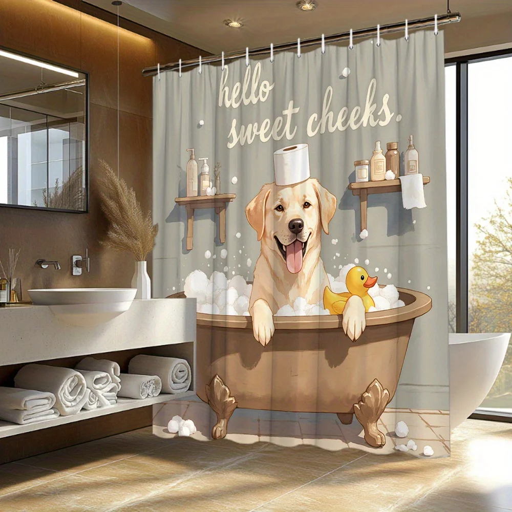 Golden Retriever Shower Curtain Dog in Bathtub with Rubber Duck Print Waterproof Polyester Bathroom Decor