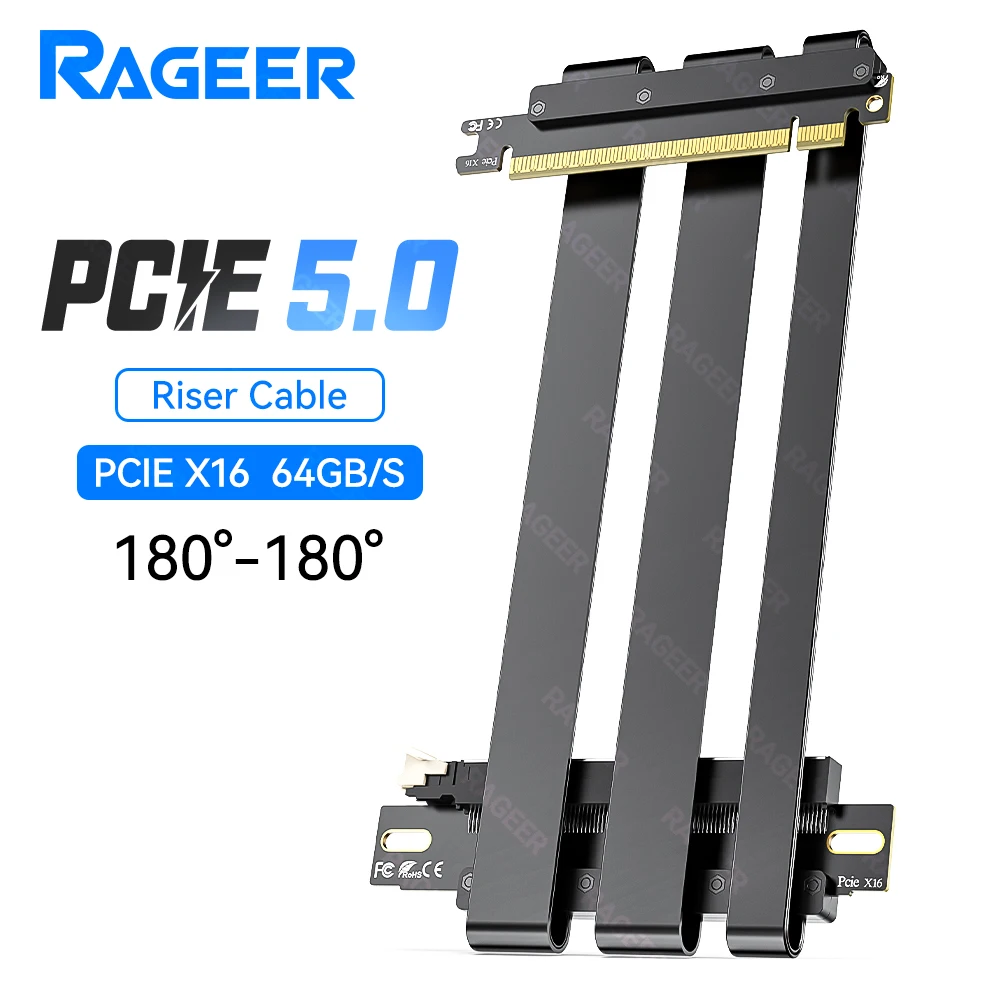 RAGEER PCIe 5.0 X16 Riser-kabel 64Gbps voor 50/40/30-serie, compatibel met 4.0/3.0, voor verticale installatie GPU 180 ° tot 90 °