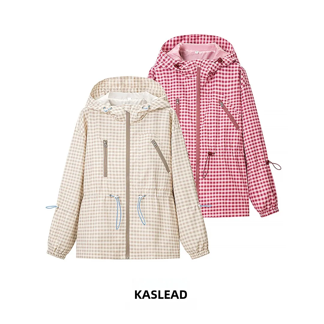 

KASLEAD New Women's Fashionable Loose Long Sleeve Plaid Hooded Coat Waist-Cinching Outerwear Polyester Fiber Zipper Closure