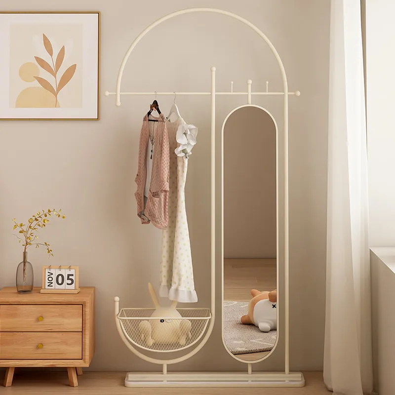 Cream floor-to-ceiling coat rack mirror, integrated hanger household rotating dirty clothes mirror mobile hanger