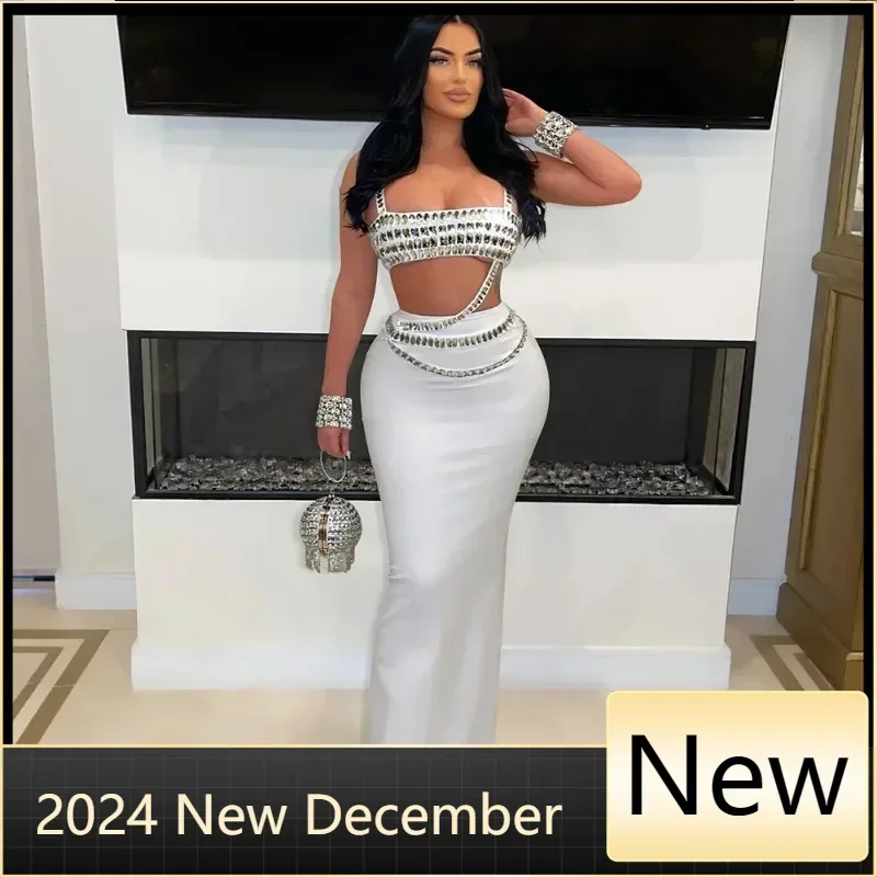 

Customized Women Set Diamonds Hot Rhinestones Strapless Top + Long Skirt Suit Dress Sets Two 2 Piece Set Party Club Night Outfit