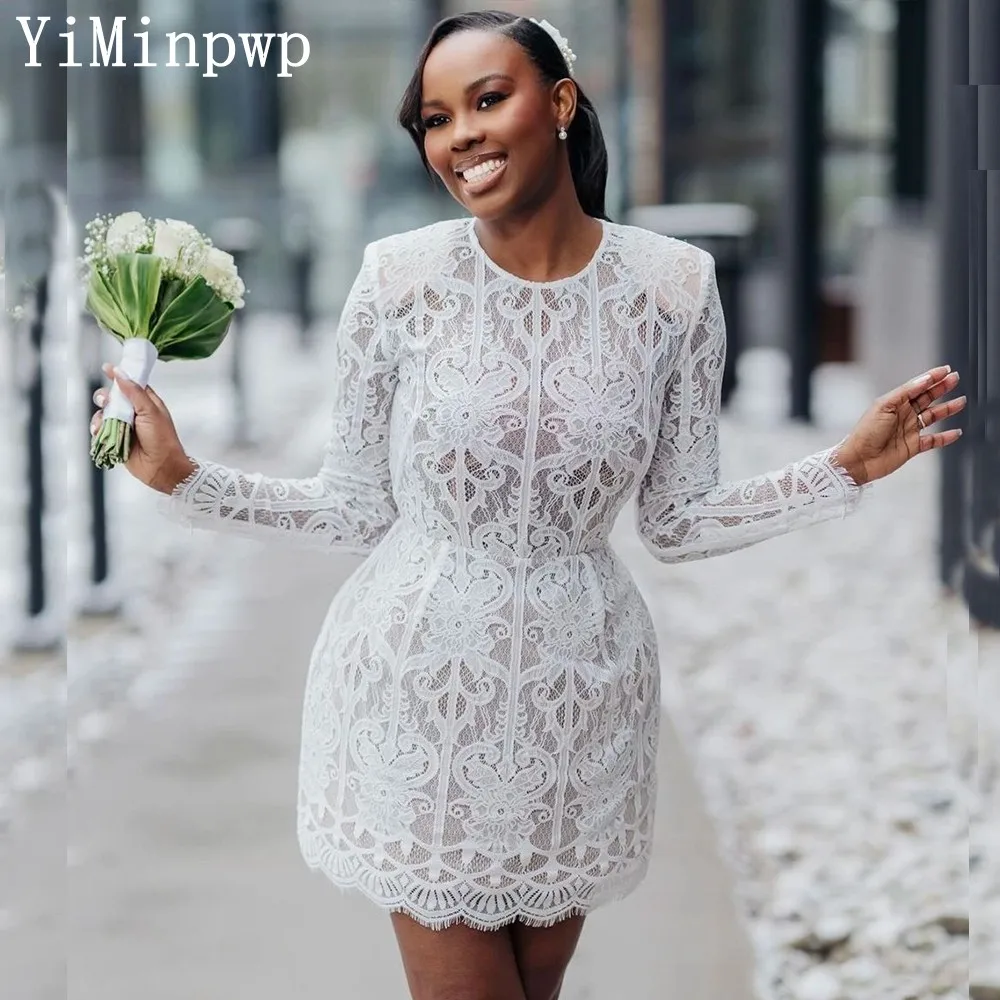 2026 Civil Lace Wedding Dresses for Bride O Neck Long Sleeve Straight Short Aso Ebi Nigeria Court Bridal Party Gowns Customized