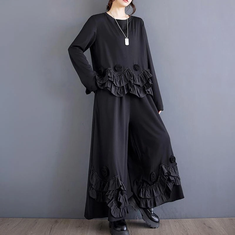 Women 2 Piece Outfit Set Ruffle Floral Applique Blouse Wide Leg Pants Loose Casual Two-Piece Set Autumn Winter Tracksuit