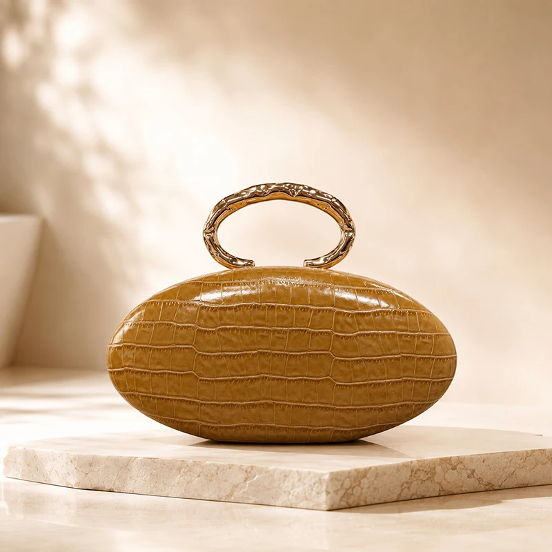  Eiförmige Handtasche mit Krokodil-Textur und Acryl-Griff, ovale Abendtasche mit Kettenriemen für Damen, luxuriöse Clutch für Hochzeiten und Partys. – Detail 24