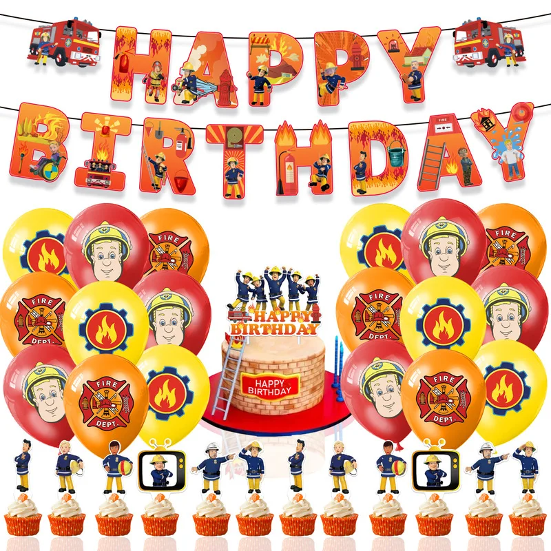 Cartoon Fireman Sam Theme Birthday Party Decoration Flag Raising Cake Card Inserting Balloon Party Supplies Kid Surprise