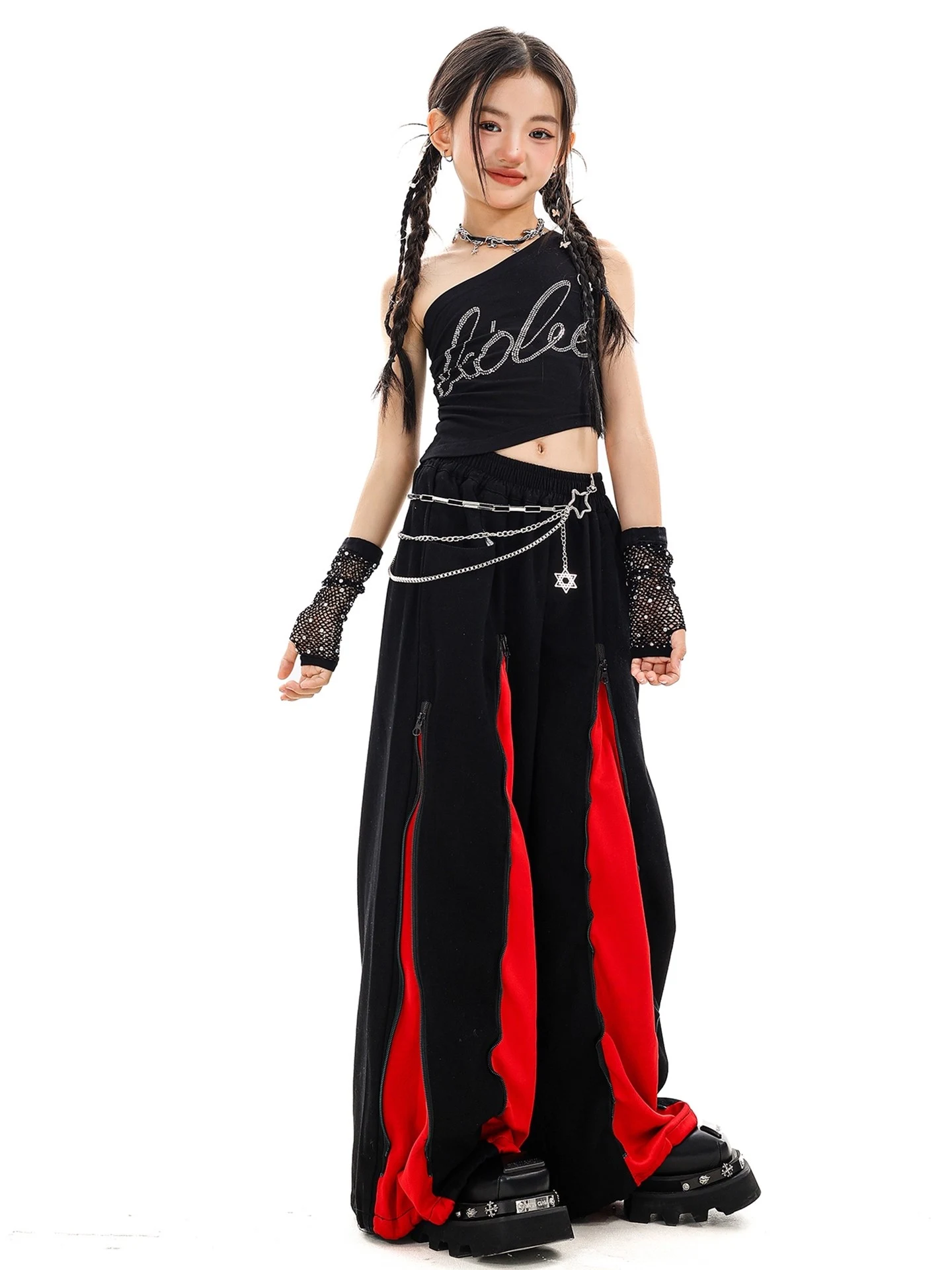Dziecięcy strój hip-hopowy dla dziewczynek na rok 2025, bluzki z odkrytym pępkiem, luźne spodnie, czarny strój do występów, ubrania do tańca jazzowego Kpop, strój sceniczny Y2K BL16527