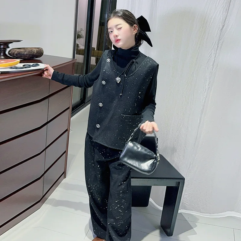 

Осенний детский комплект из 3 предметов для девочек, майка с длинными рукавами в виде черепахи + жилет на пуговицах с бантом + широкие брюки с блестками, детский модный комплект для девочек