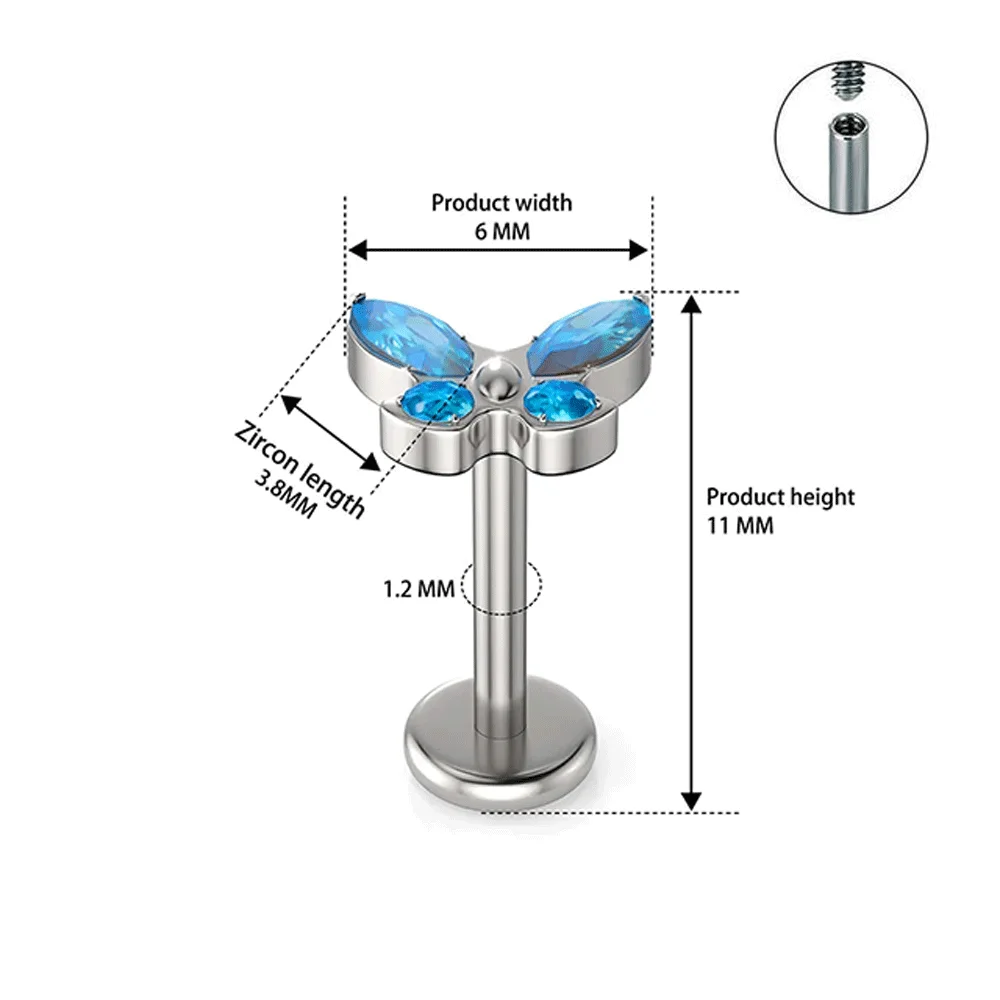 G23 Titanium Butterfly CZ Zircon Internal Thread Piercing Studs - Labret Lip Nose Ring Ear Cartilage Tragus Daith Jewelry