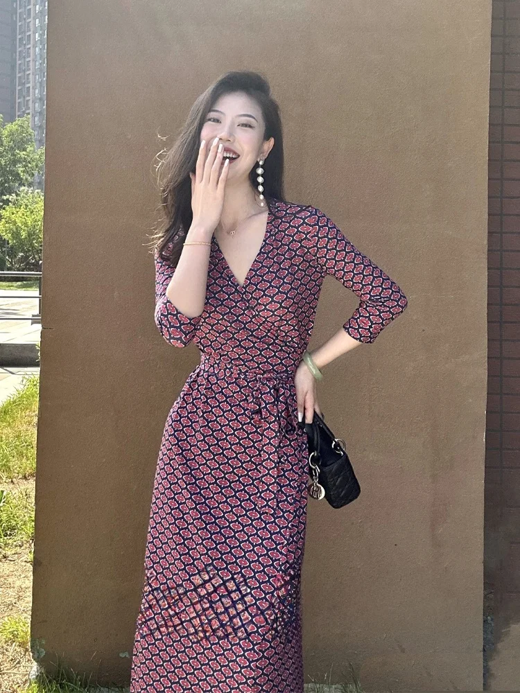 

Новое женское облегающее платье-комбинация из шелка с красным ромбовидным узором, винтажное, с рукавом 3/4, осеннее