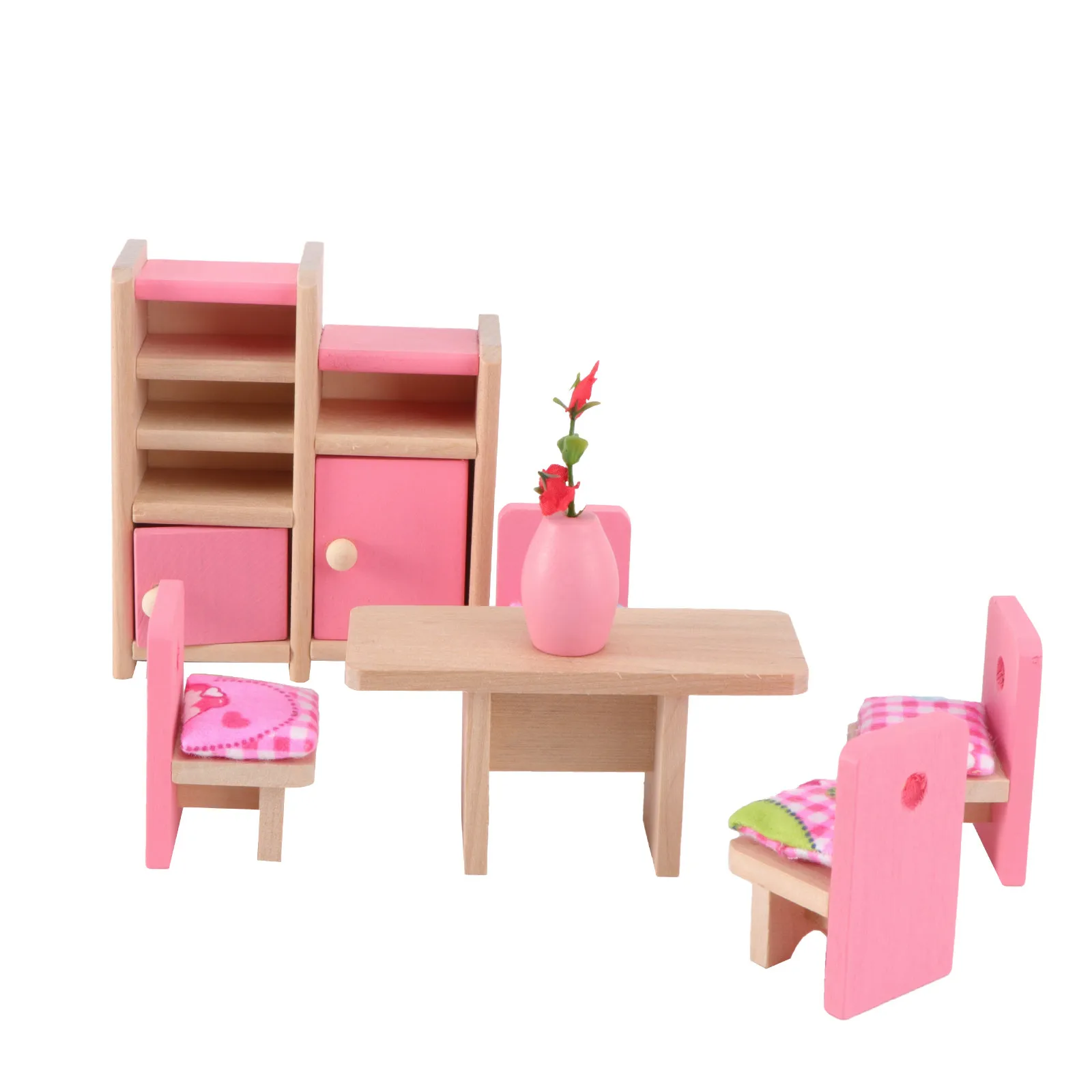 

Mini House Wooden Dining Set with Cushioned Chairs Table Open Cabinet Shelves Flower Vase Adorable Sweet Style Play Alone Add on