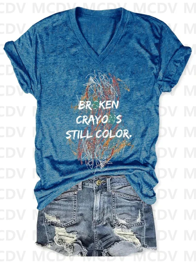 V-Neck Retro Broken Crayons Still Color Print T-Shirt 3D All Over Printed Summer Women's T Shirts Sexy Tops