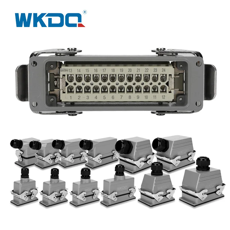 HDC-HE-024 Rectangular Heavy Duty Connector 24 Core Industrial Waterproof Aviation Plug Socket 16A 500V HE24 Top/Side Entry Hood