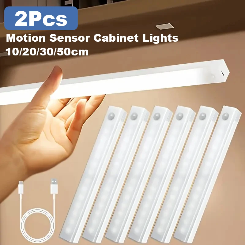 2pcs Smart LED Sensor Light USB Rechargeable Cabinet Lighting Suitable for Kitchen Wardrobes Cabinets Stairs Corridors Shelves