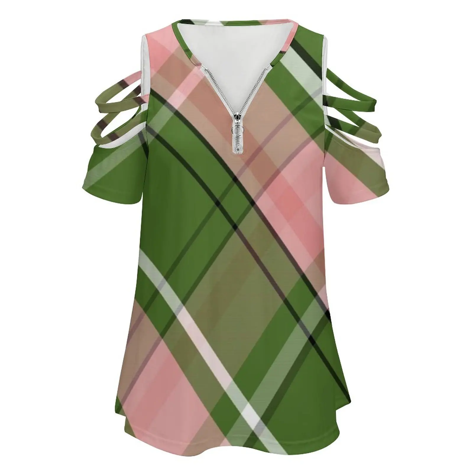 Pink And Green Preppy Plaid Women Zipper Various styles Printed T Shirts Tops Full Print T-Shirt Pattern Pink And Green Preppy