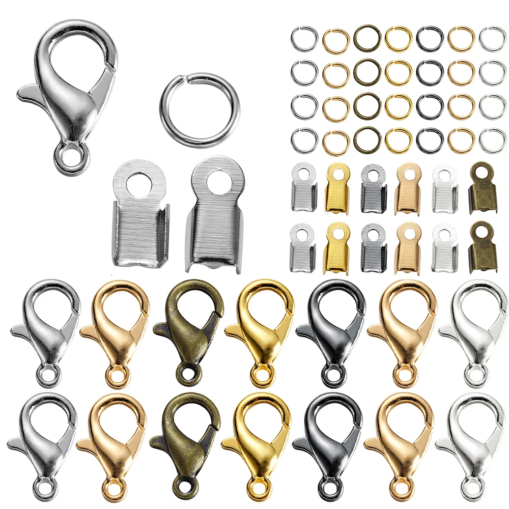 

80Pcs Alloy Lobster Clasp Jump Rings Leather Clip Tip Fold Crimp Connectors For Bracelet Necklace DIY Jewelry Making Supplies