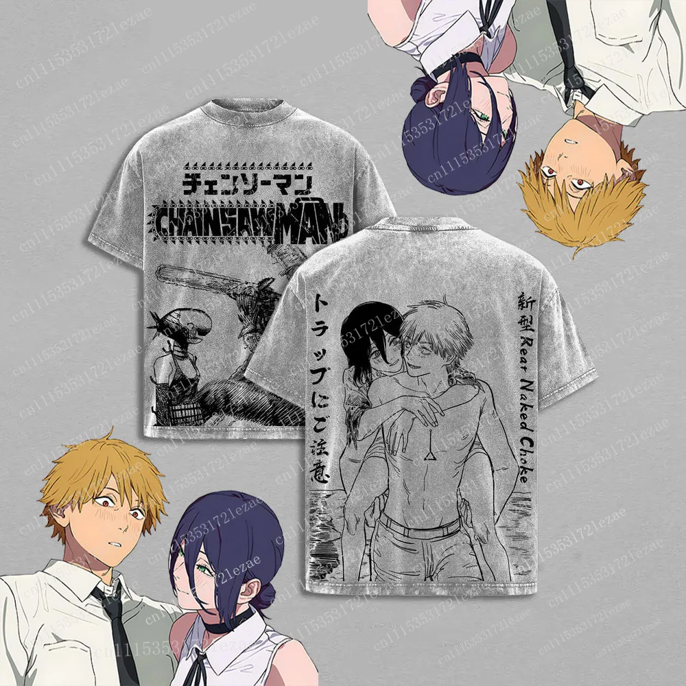 Denji x Reze Chainsaw Man Tee Vintage Washed Oversized Heavy Cotton Anime Manga T-Shirt Retro Streetwear Graphic Top Unisex