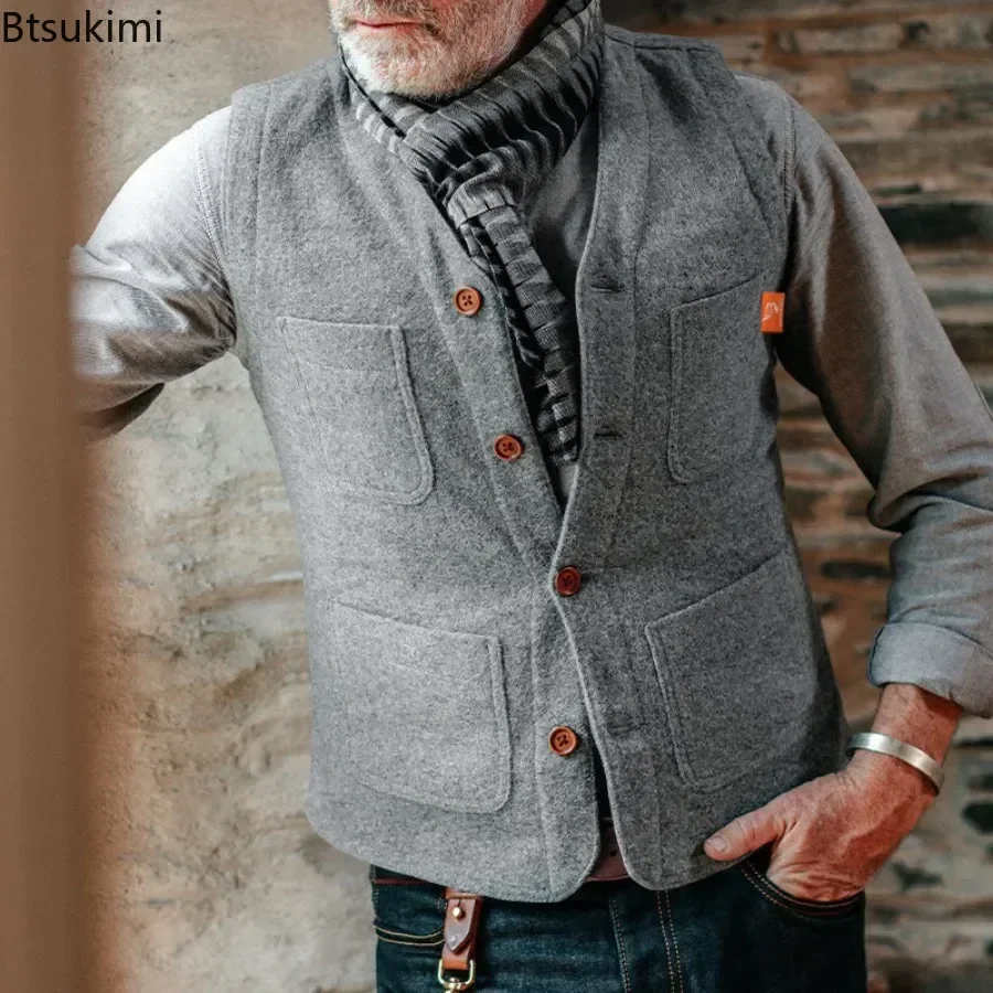 2025 British Style Men's Single Breasted Suit Vest Fashion Vintage Solid Vest Coats Multi Pocket Design Woolen Waistcoat for Men