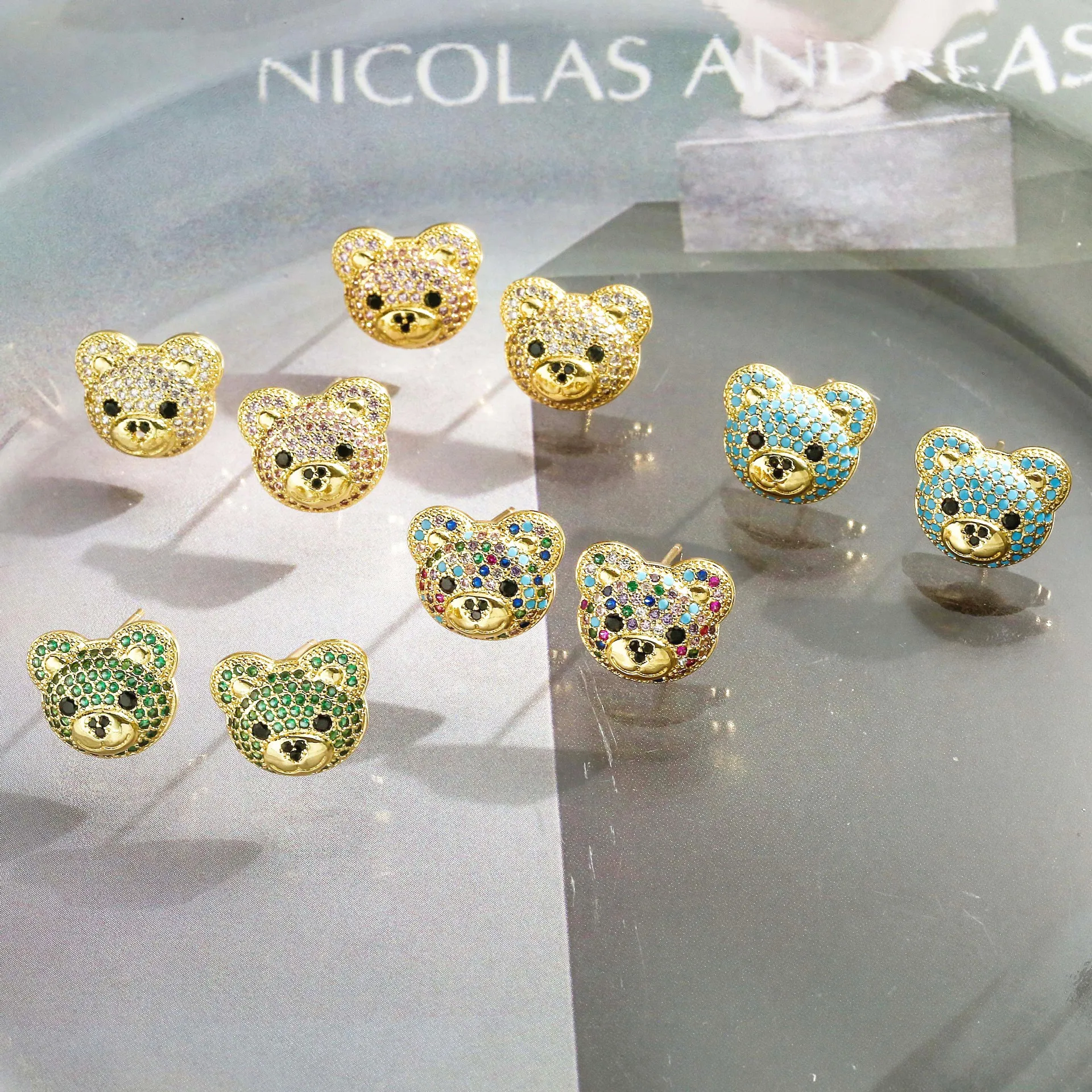 

New earrings women's 18k gold plated crystal zircon turquoise animal cartoon teddy bear popular fashion jewelry couple gift