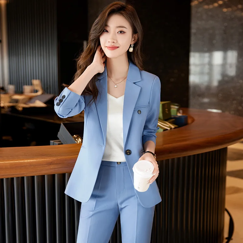 Blue/Coffe/khaki casual business women' suit spring and autumn high-end workplace temperament double-breasted suit trousers suit