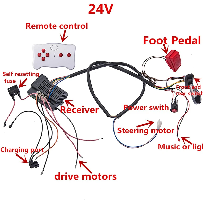 24V DIY zmodyfikowane przewody i zestaw przełączników, z pilotem Bluetooth 2.4G, dla dzieci Electric Ride On Car Accessories