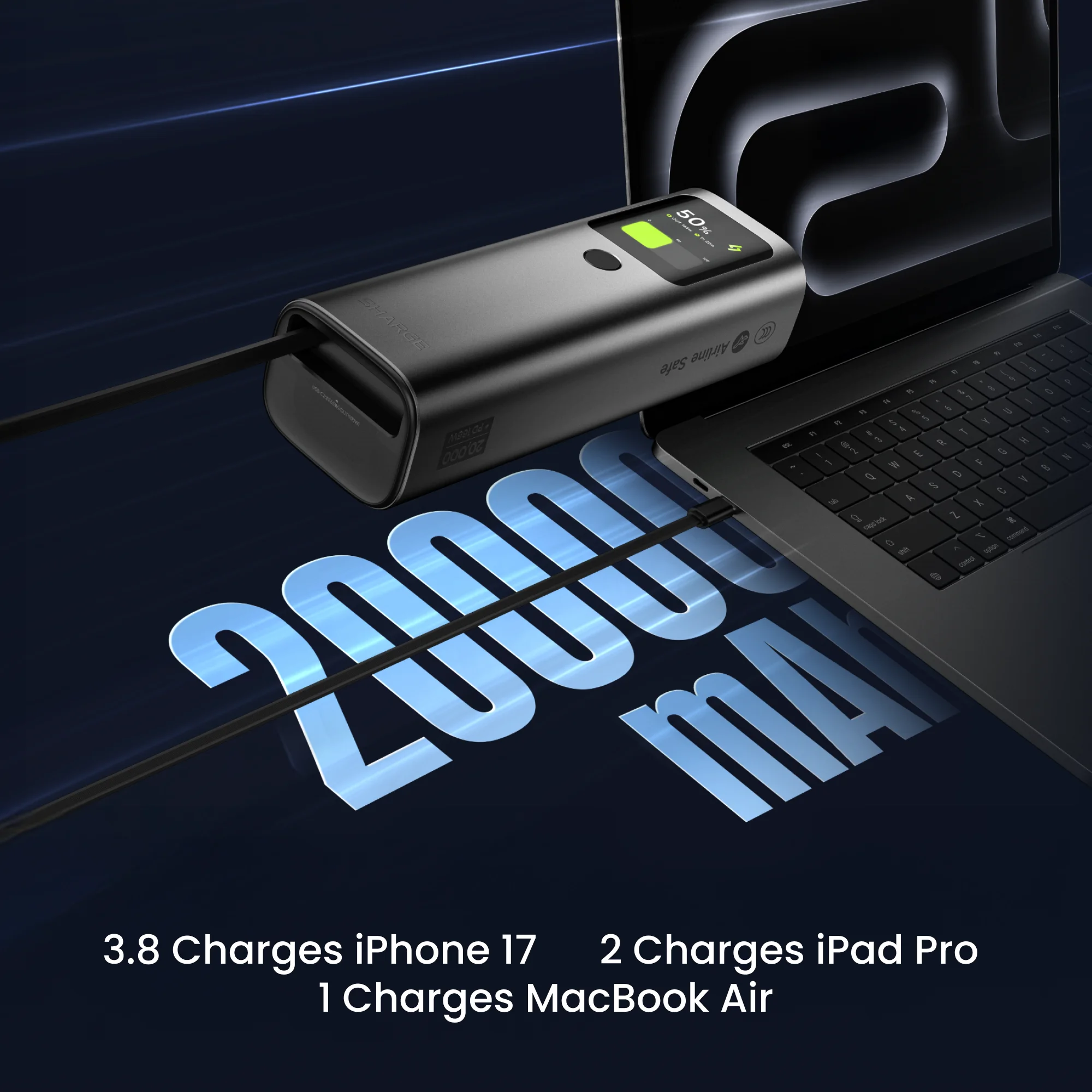 SHARGE 165W Laptop Power Bank 20000mAh Power Bank 3-Port Fast Charging Built-in Retractable Cables for MacBook iPhone 17 iPad