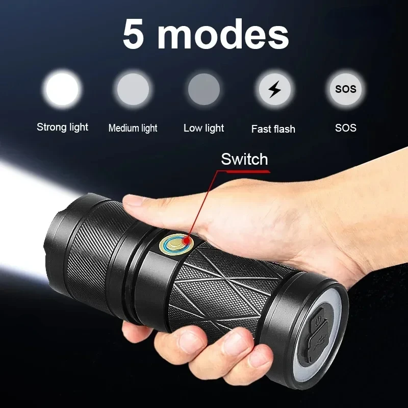 Powerful Led Flashlight Torch Xhp90 Tactical Torch Type-c Rechargeable White Laser Hand Lamp for Outdoor Camping