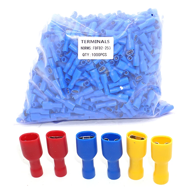 1000PCS FDFD2-250 6.3/4.8/2.8mm Female Spade Connectors 22-10 AWG Quick Disconnect Connectors Insulated Wire Crimp Terminal