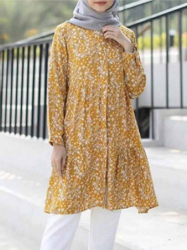 ZANZEA Muslim Long Tunic Tops Women Abaya Autumn Floral Printed Ruffle Hem Printed Shirt Blouse Kaftan Vintage Blusas Chemise