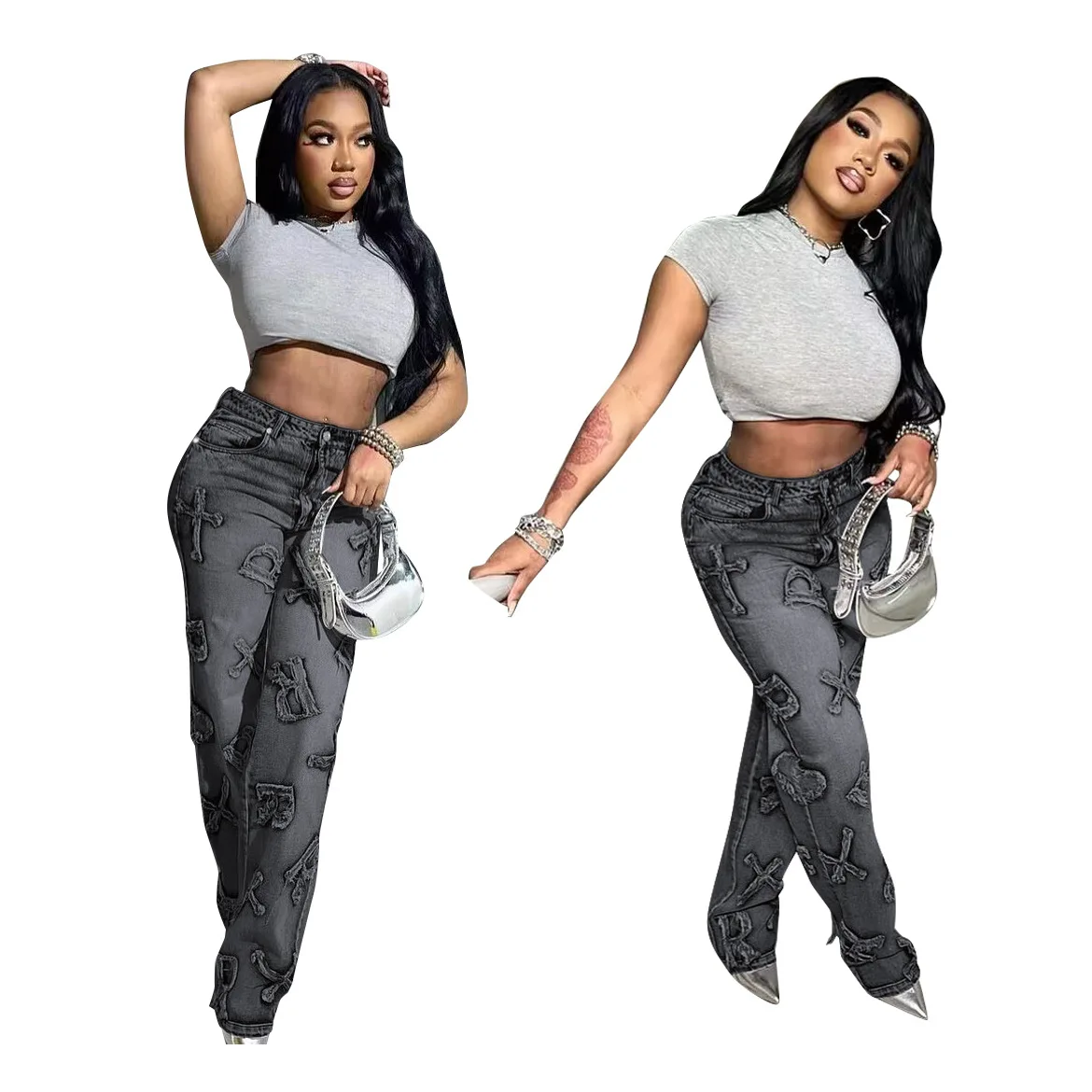 Women Jeans Fashion Embroidery Letters High Waist Denim Cargo Pants Streetwea Casual Baggy Straight Jeans Denim Wide Leg Pants