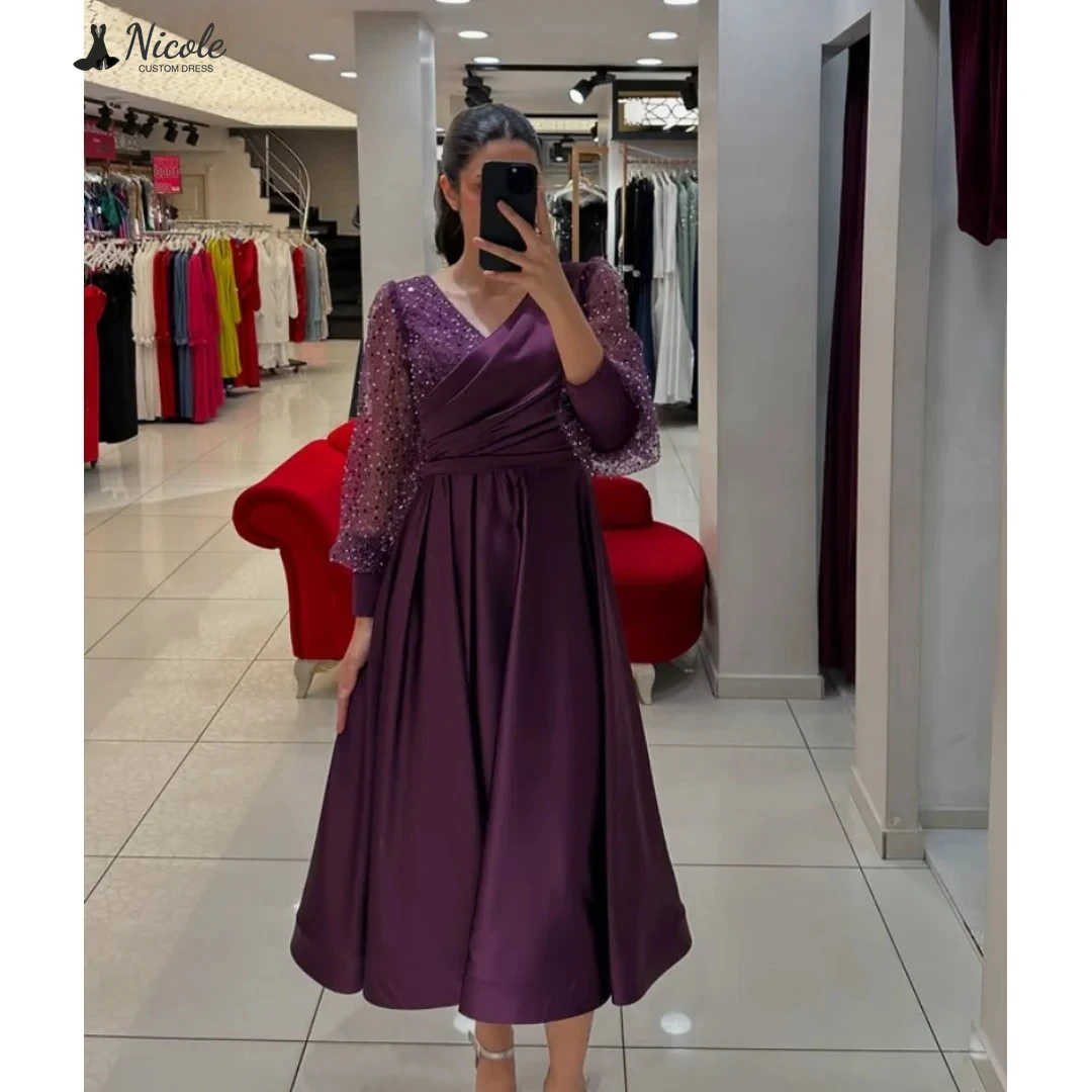 

Nicole Line A Evening Dresses D/party Custom Made Women's Prom Dress 2025 V-neck Satin Cloth Elegant Dresses for Special Event