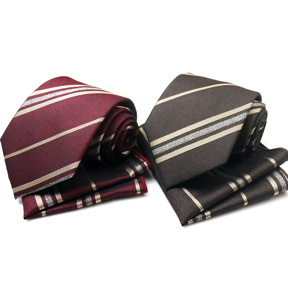 8cm Width Casual Plaid Neckties Luxury Fashion Silk Pocket Square Striped Gray Brown Neck Ties Tuxedo Shirt Accessories Hanky