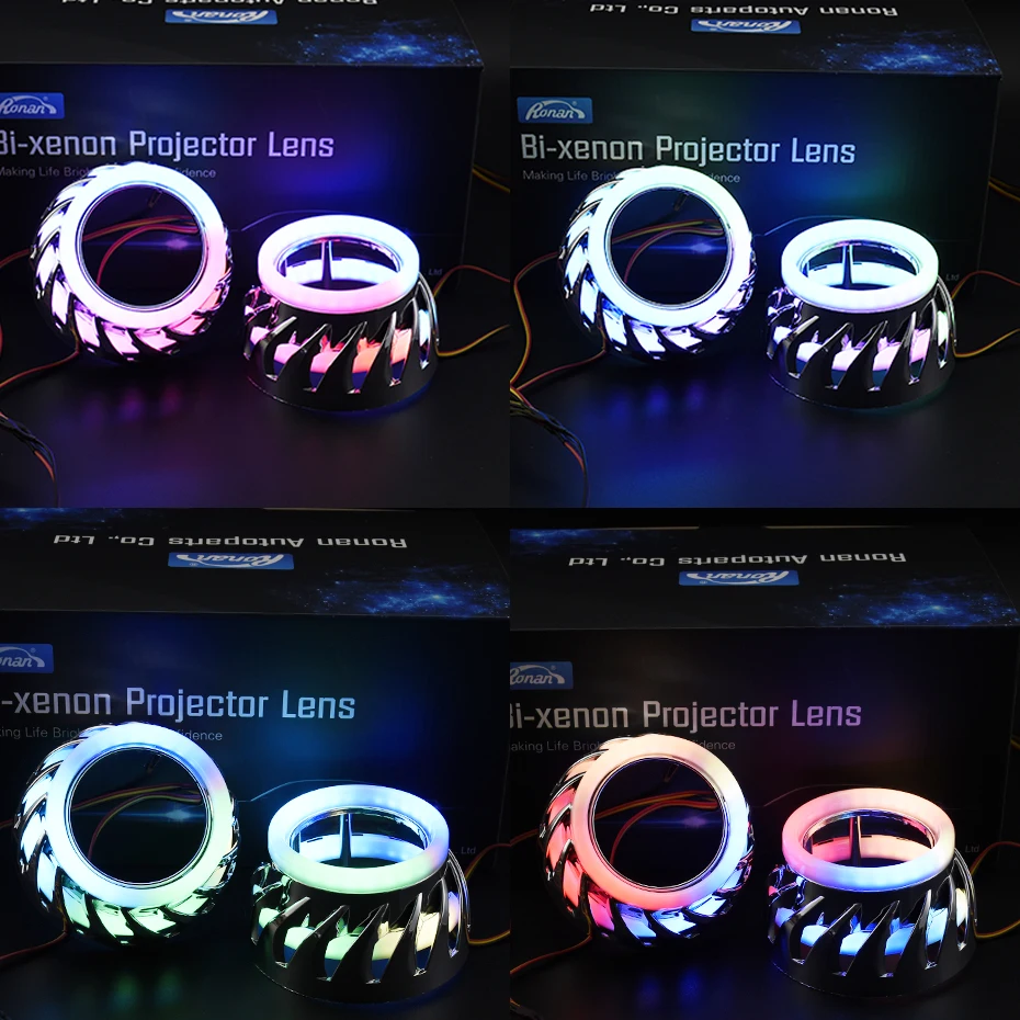 RONAN 2.5inch Spiral Double LED Integrated Shrouds White Blue Red Angel Eye DRL for Bi-xenon Bi-led Projector Lens Headlight