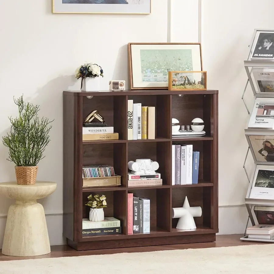 Living room and home office bookshelf: walnut wood 9-cube organizer with curved edge, 40.5 wide floor-standing 3-tier cubby she view 2