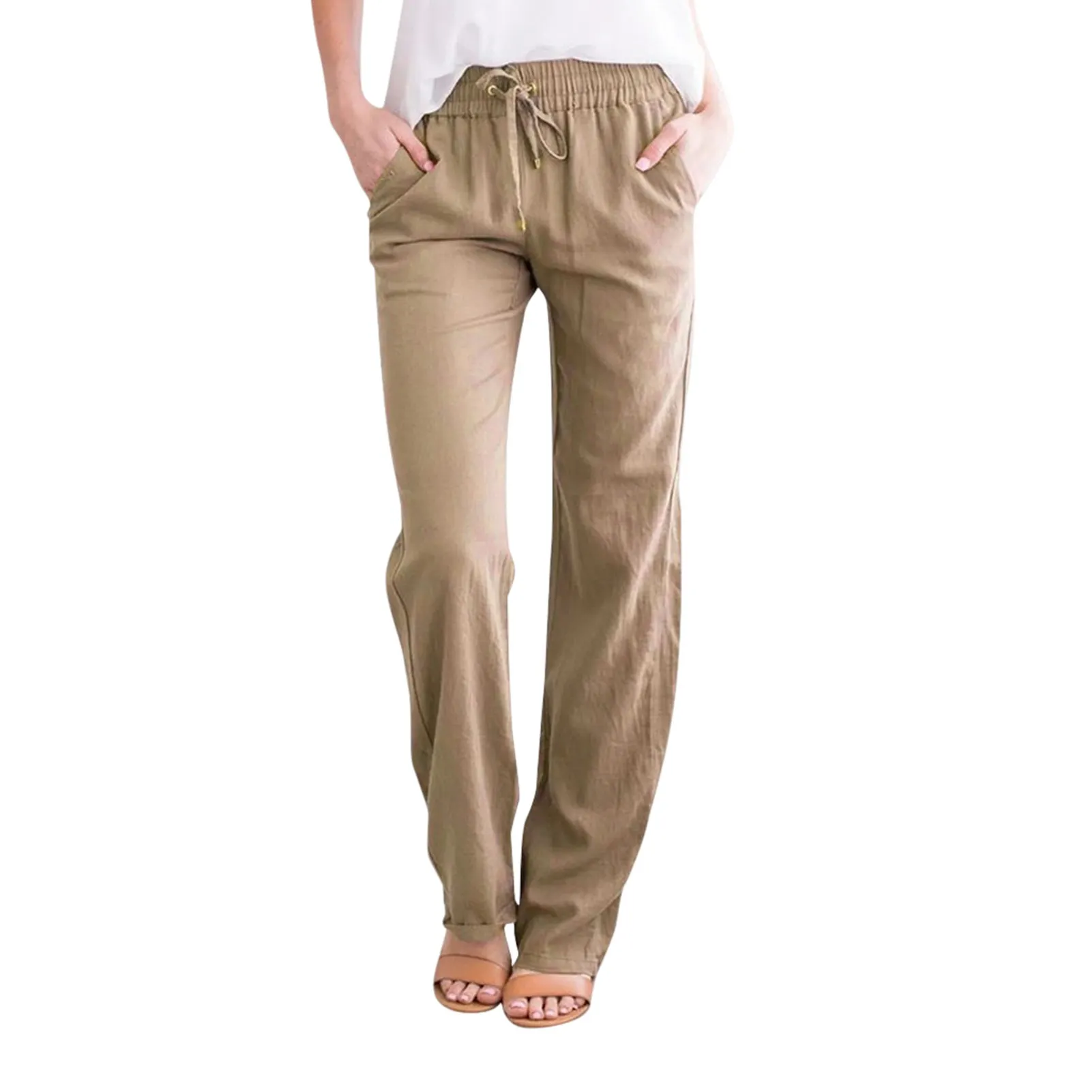 Pantalon décontracté en coton et lin pour femmes, cordon de proximité, taille élastique, plage, fjwith poches, vacances, sommeil