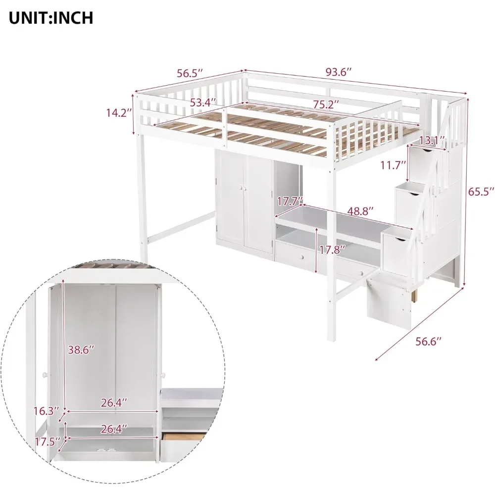 Wooden Full Loft Bed with Storage Drawers & Low Table, Junior Lofts Beds, Full Size Loft Bed Frame with Staircase and Wardrobe