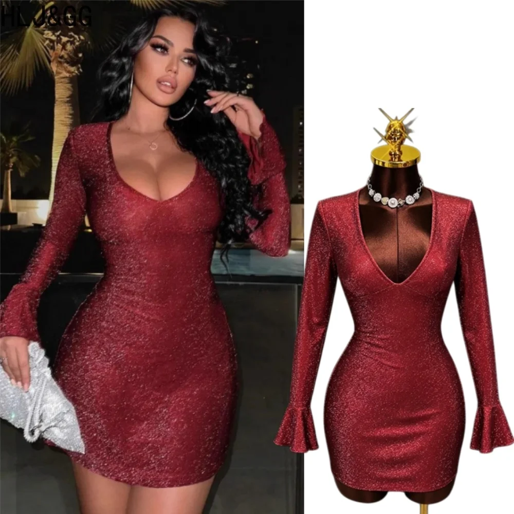 

HLJ&GG Red Fashion Sparkling Bodycon Mini Dresses Women Round Neck Long Sleeve Slim Vestidos Summer Female New Party Club Dress