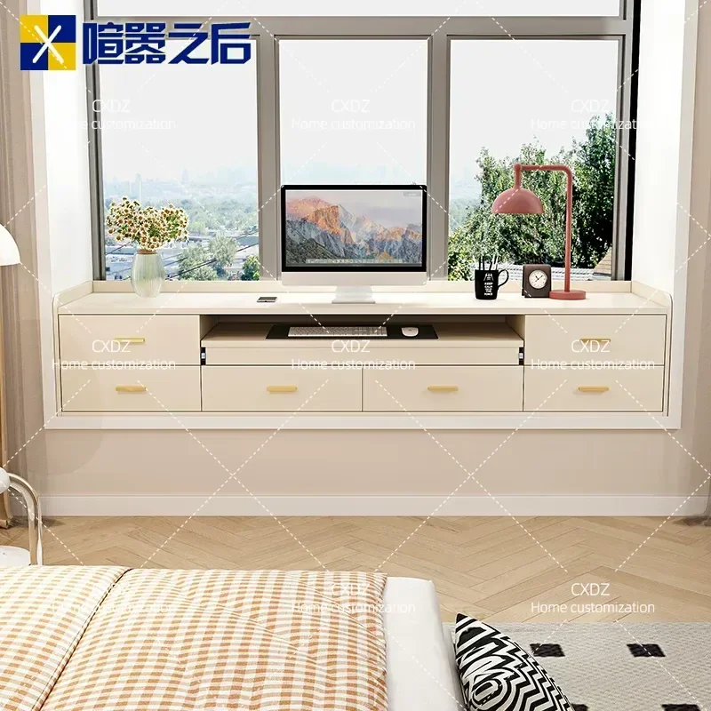 Cream Pull Out Bay Window Desk Balcony Computer Table Floor To Ceiling Drawer Retractable Storage Cabinet Bedroom Furniture
