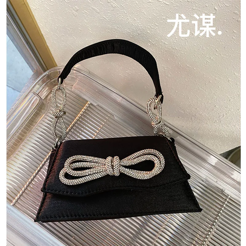

Crystals Diamonds Bowknot Designer Silk Satin Bag Tote Women Luxury Pink Bag For Party Bow Shiny Handle Prom Handbag
