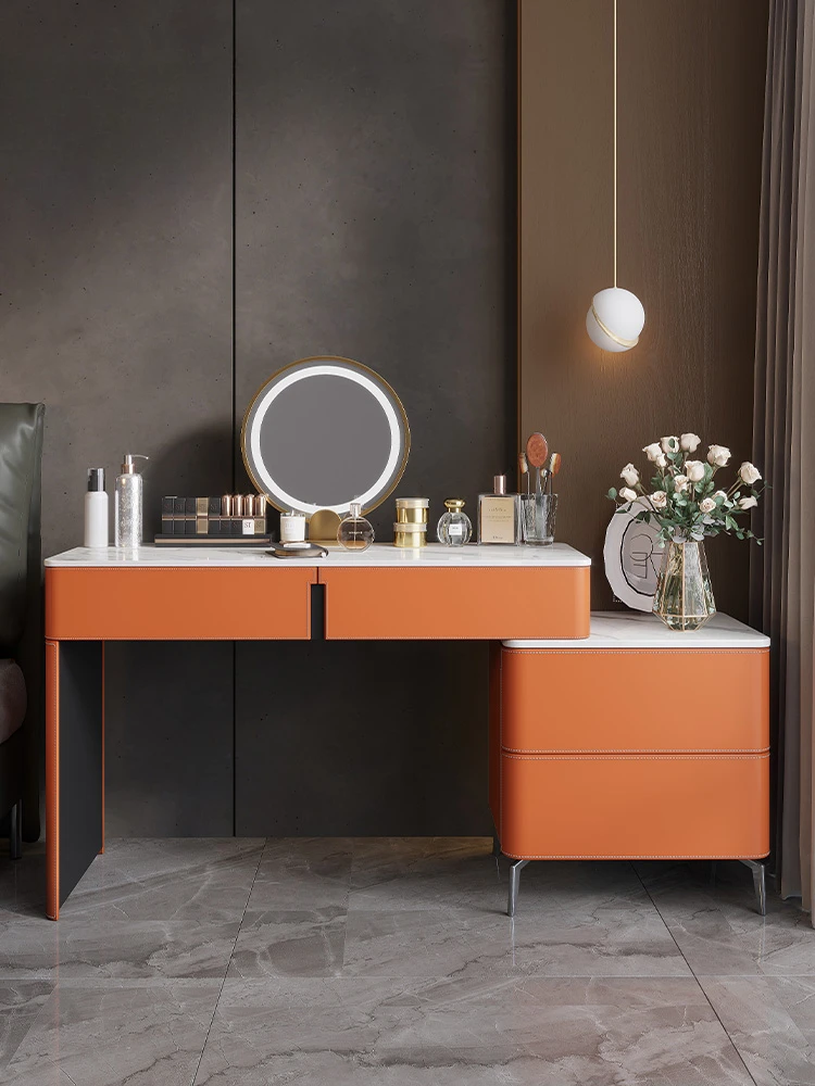 Italian minimalist dressing table, slate horse slab leather bedroom with bedside table, storage integrated retractable dressing