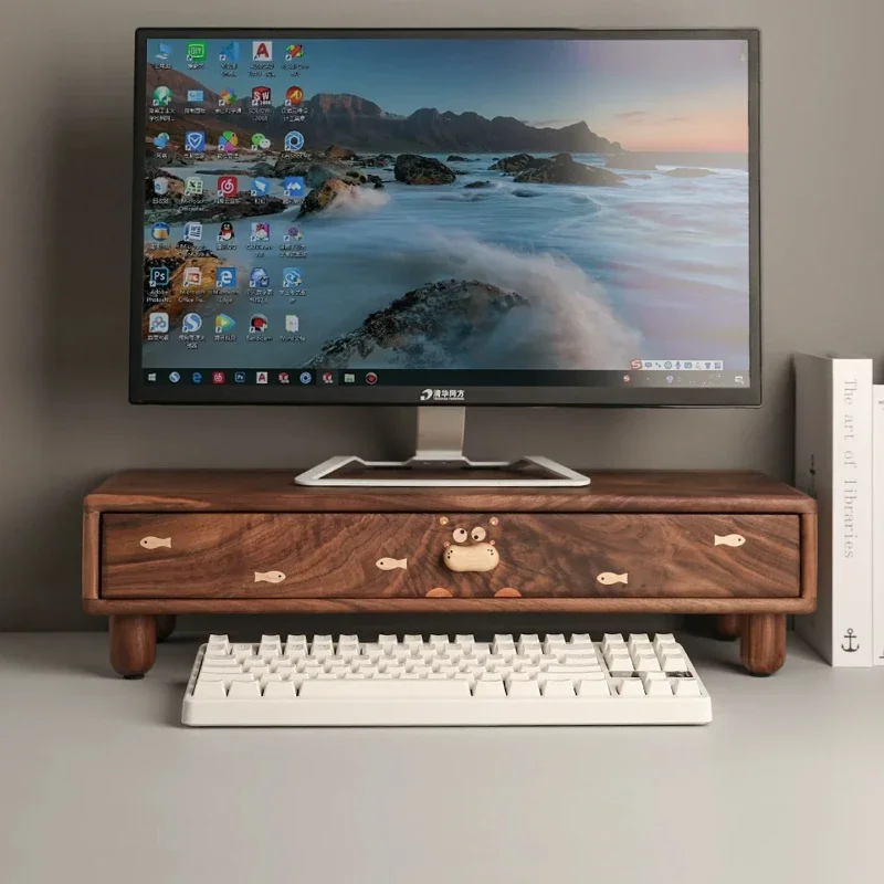 Solid Wood Monitor Riser with Drawer Desktop Storage Organizer Ergonomic PC Laptop Holder for Home Office Workspace Accessories