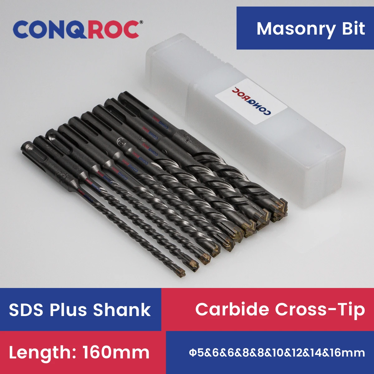 SDS Plus Shank Masonry Drill Bits Set 9-Piece Length-160mm Carbide-Cross-Tip Diameter-5&6&6&8&8&10&12&14&16mm for Hammer