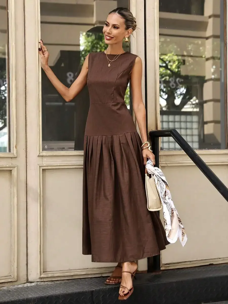 

Womens Elegant Solid Color Cotton Linen-Feel A-Line Long Dress For Office And Casual Wear