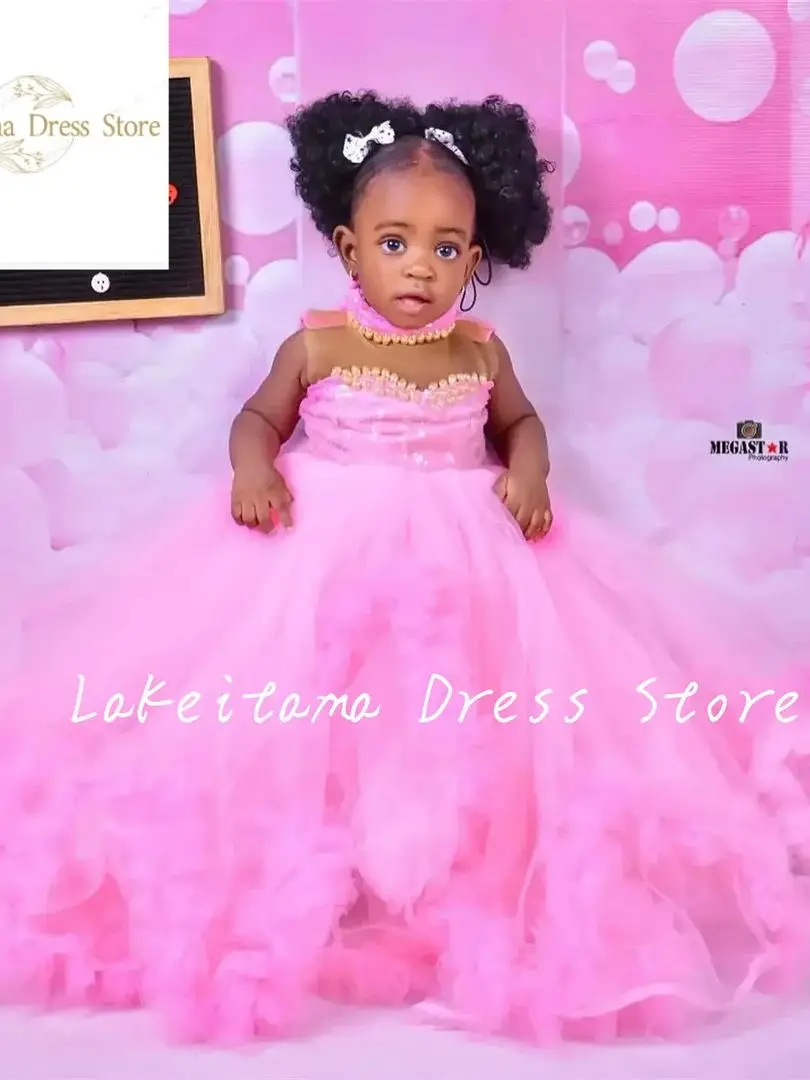 Pink Pearls Flower Girl Dresses Ruffles Baby Ball Gown First Communion Dress Birthday Photos Shoot Gowns for Party