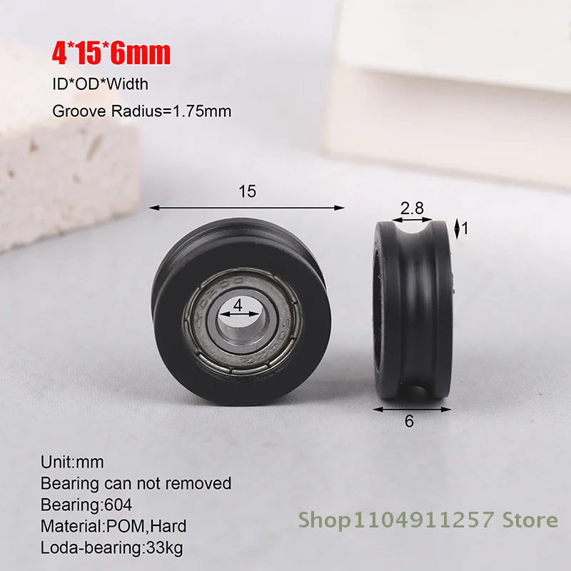

4*15*6mm U Groove Nylon-coated Plastic Mini-pulley Groove Roller Wheel 604 Bearing Wheel Delrin Wrapped