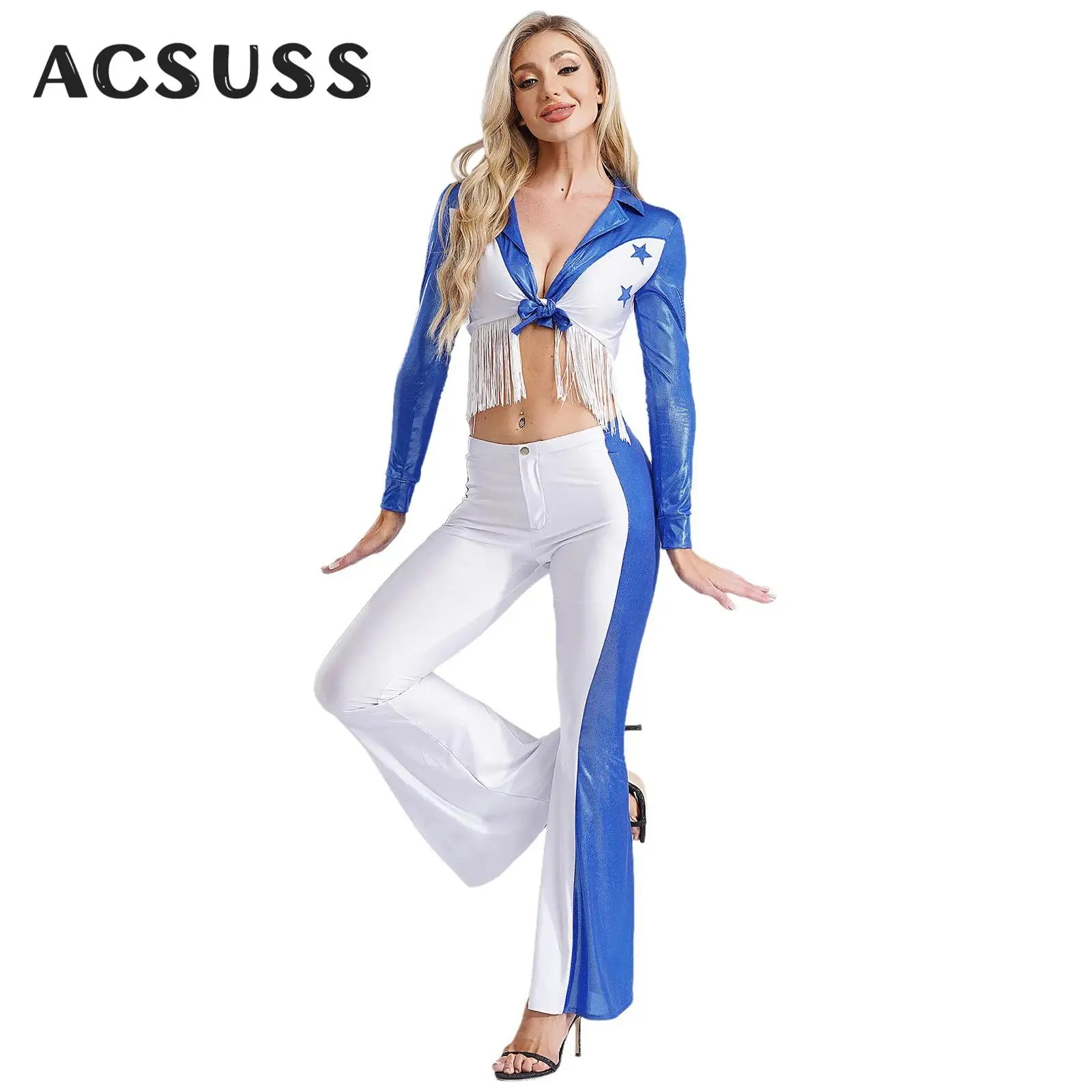 

Womens Cowboy Cheerleader Costume Carnival Party Western Cowgirl Cosplay Dress Up Tassels Crop Tops with Flared Pants Clubwear